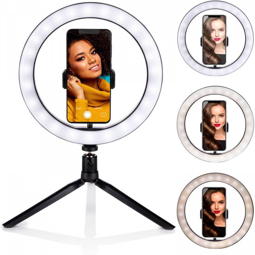 Grundig Selfie Ringlamp op Statief Ring Light voor Smartphone Social Media en Vlogs LED 25 cm