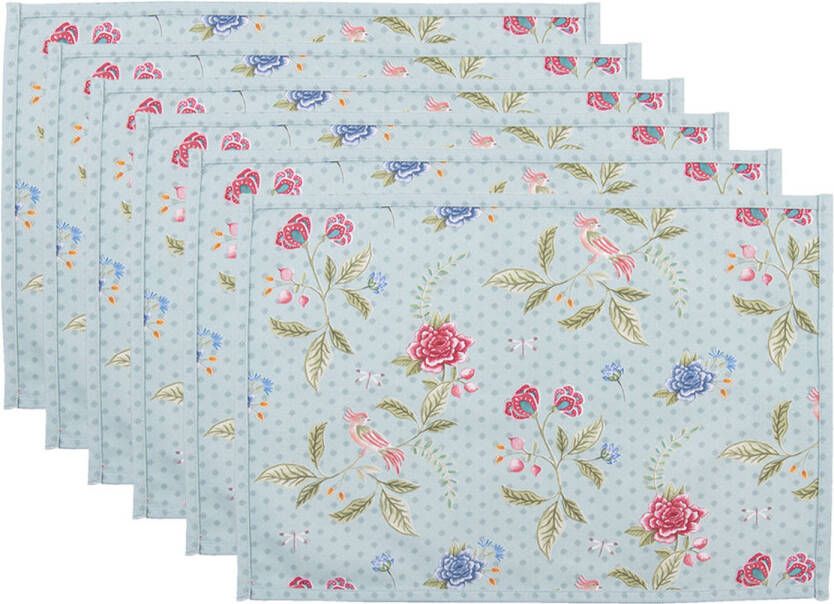 HAES deco Set van 6 Placemats formaat 48x33 cm kleuren Blauw Roze Groen van 100% Katoen Collectie: Bloom Like Wild Flowers