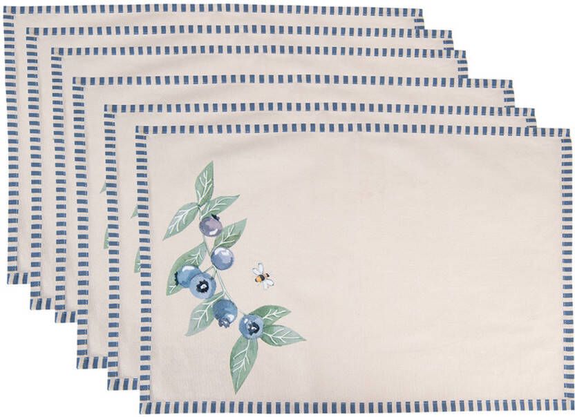 HAES deco Set van 6 Placemats formaat 48x33 cm kleuren Beige Blauw Groen van 100% Katoen Collectie: Blueberry Fields