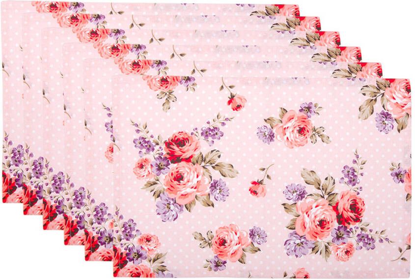 HAES deco Set van 6 Placemats formaat 48x33 cm kleuren Roze Rood Wit Paars van 100% Katoen Collectie: Dotty Rose