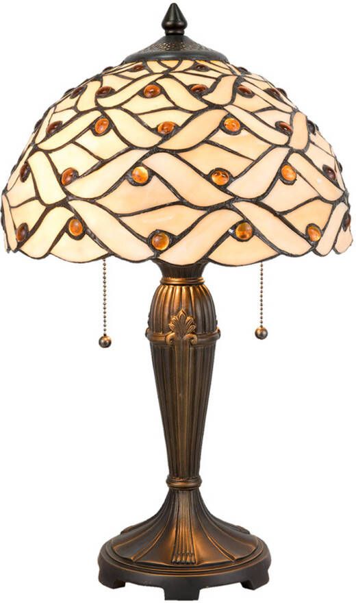 HAES deco Tiffany Tafellamp Ø 30x50 cm Beige Bruin Glas Halfrond Tiffany Bureaulamp Tiffany Lampen Glas in Lood