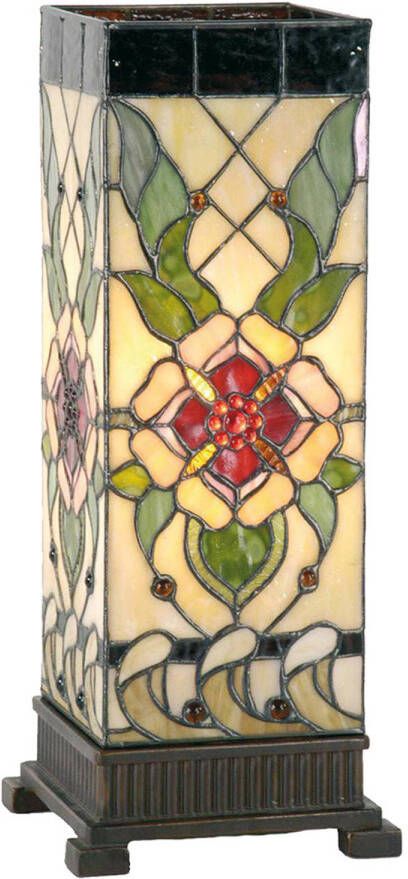 HAES deco Tiffany Tafellamp 18x18x45 cm Beige Groen Glas Rechthoek Roos Tiffany Bureaulamp Tiffany Lampen Glas in Lood