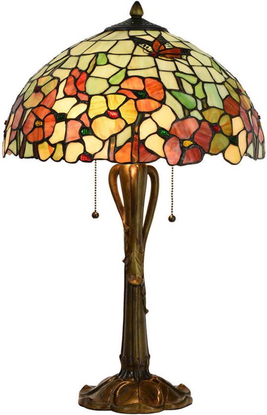 HAES deco Tiffany Tafellamp Ø 40x63 cm Beige Rood Glas Bloemen Tiffany Bureaulamp Tiffany Lampen Glas in Lood