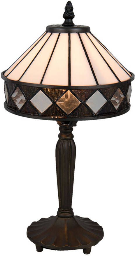 HAES deco Tiffany Tafellamp Ø 20x36 cm Wit Bruin Glas Tiffany Bureaulamp Tiffany Lampen Glas in Lood