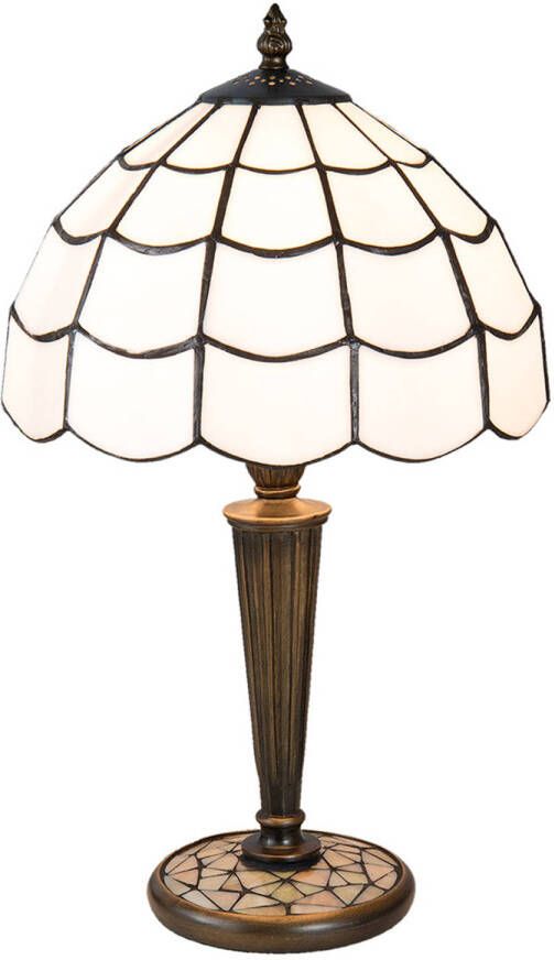 Clayre & Eef LumiLamp Tiffany Tafellamp Ø 25x43 cm Wit Bruin Glas Tiffany Bureaulamp Wit Tiffany Bureaulamp