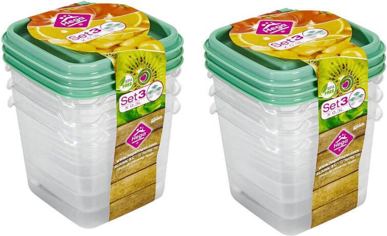 Hega hogar Vershoudbakjes set 6x stuks 0.3 liter transparant groen L8 x B8 x H11 cm Mealprep Maaltijden bewaren