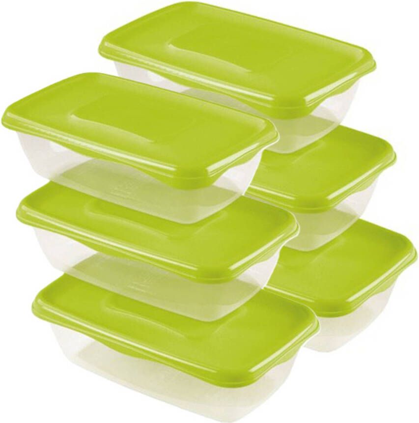 Hega hogar Vershoudbakjes set 6x stuks 0.9 liter transparant groen L20 x B12 x H8 cm Mealprep Maaltijden bewaren