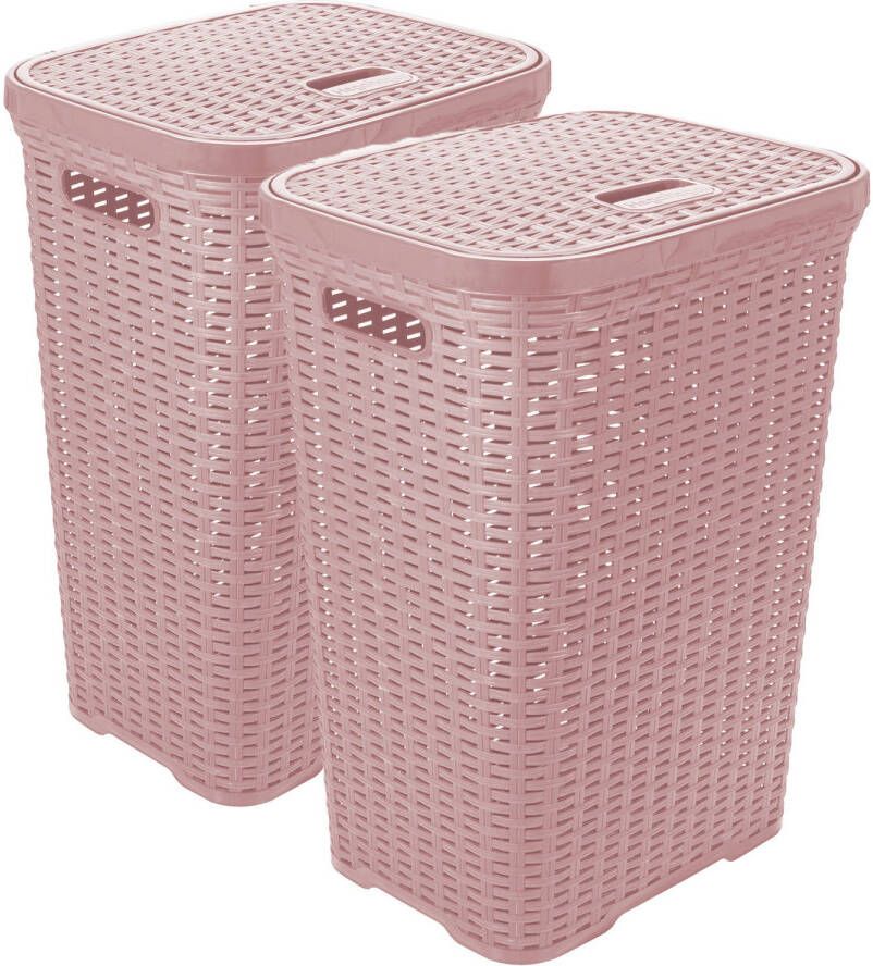 Hega Hogar Wasmand met deksel Rotan 2x roze kunststof 60L 34 x 43 x 62 cm Wasmanden