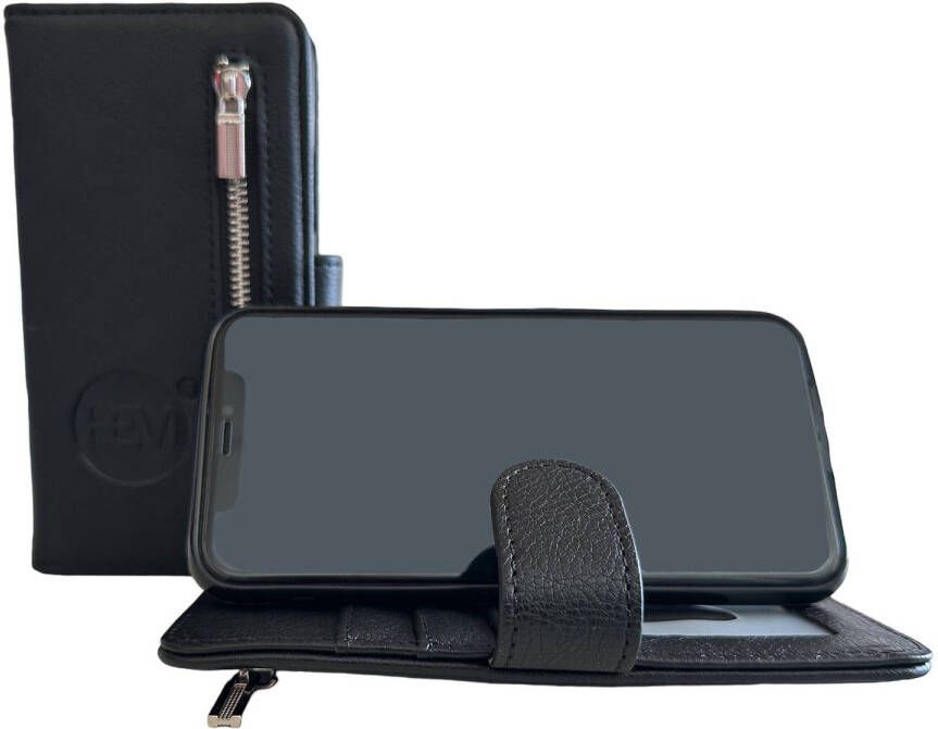 HEM Apple iPhone 12 Mini Antique Black Leren Rits Portemonnee Hoesje Lederen Wallet Case TPU meegekleurde binnenkant