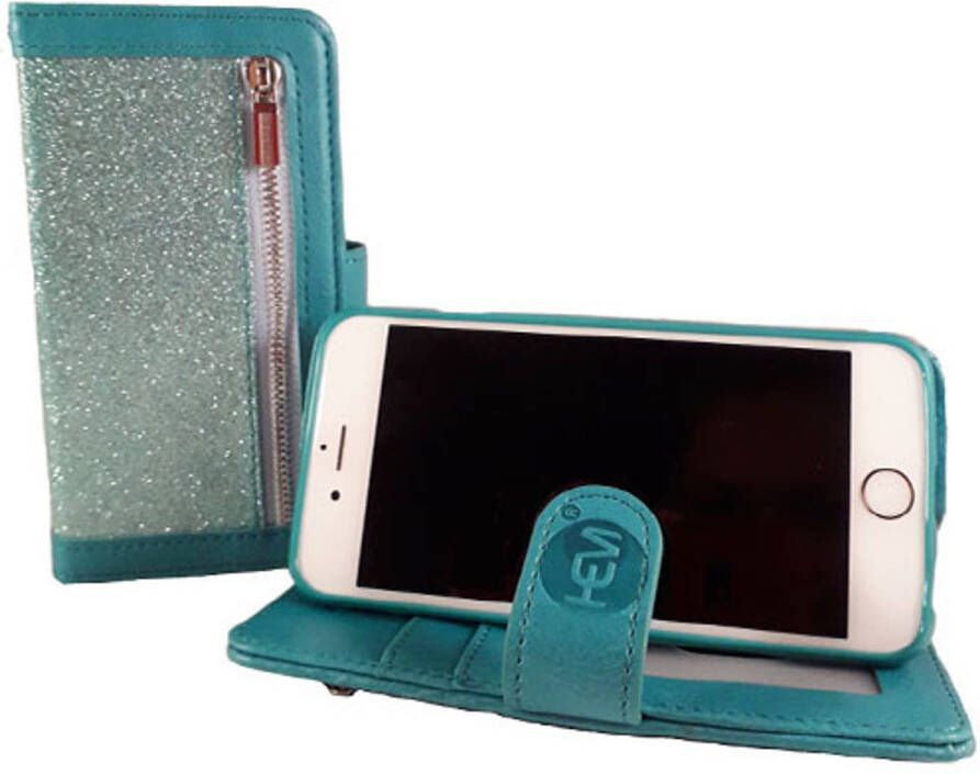 HEM Apple iPhone 12 Pro Max Magic Glitter Pure Turquoise Leren Rits Portemonnee Telefoonhoesje