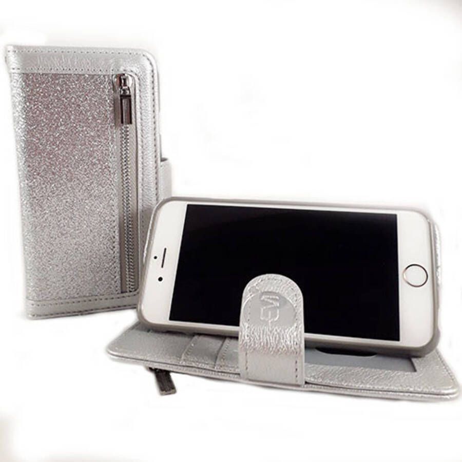 HEM Apple iPhone 12 12 Pro Magic Glitter Shiny Silver- Leren Rits Portemonnee Telefoonhoesje