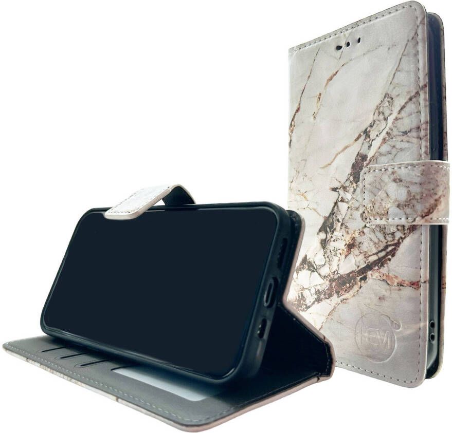 HEM Stylish Book Case (geschikt voor Samsung S23) met 3 pasjesuitsnedes + fotovakje Portemonneehoesje-Marble Wit Goud
