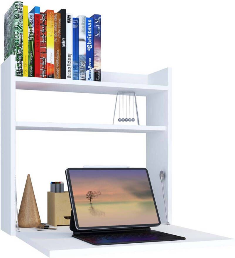 Hioshop Dralis bureau wandmontage 1 kleppe 1 plank wit.
