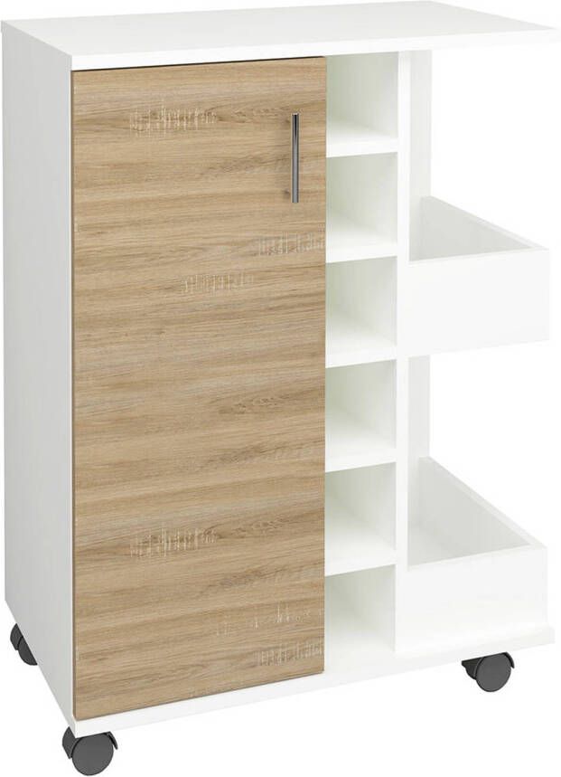 Hioshop Esilo keukenmodule op wielen 1 deur 2 planken 6 wijnplanken eik decor wit.