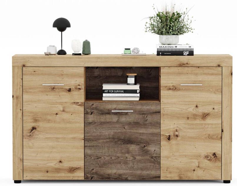 Hioshop Fly dressoir 3 deuren 1 plank eik decor.