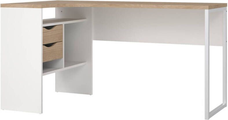 Hioshop FunctionPlus bureau hoek 3 planken 2 laden okkernoot decor wit.