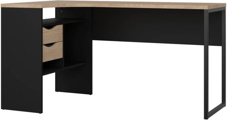 Hioshop FunctionPlus bureau hoek 3 planken 2 laden okkernoot decor zwart mat.