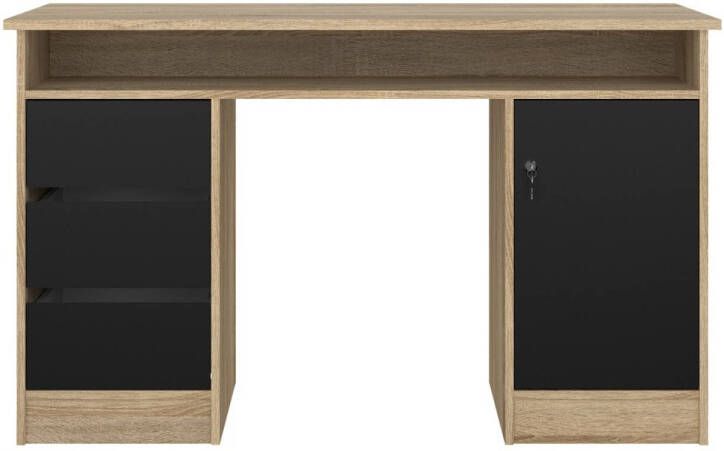 Hioshop FunctionPlus bureau met slot 1 deur 3 laden eik decor zwart.