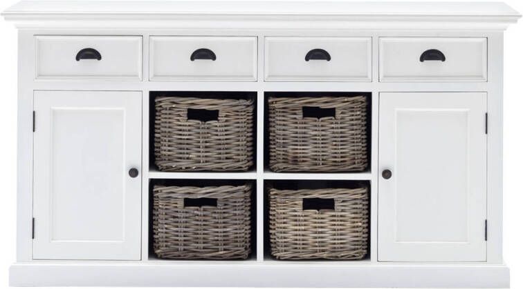 Hioshop Halifax dressoir met 2 deuren 4 rotan manden en 4 lades in wit.