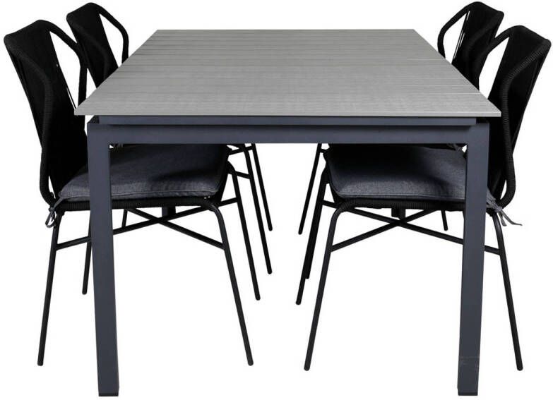 Hioshop Levels Tuinmeubelset Tafel 100x160 240cm En 4 Stoel Julian Zwart Grijs.