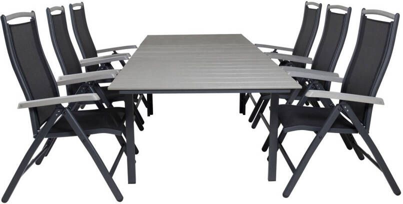 Hioshop Levels Tuinmeubelset Tafel 100x160 240cm En 6 Stoel 5pos Albany Zwart Grijs.