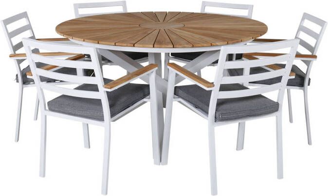 Hioshop Mexico Tuinmeubelset Tafel Ø140cm En 6 Stoel Brasilia Wit Naturel.