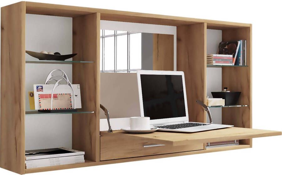 Hioshop TealaS bureau kaptafel wandmontage 1 kleppe 1 lade 6 planken eik decor.