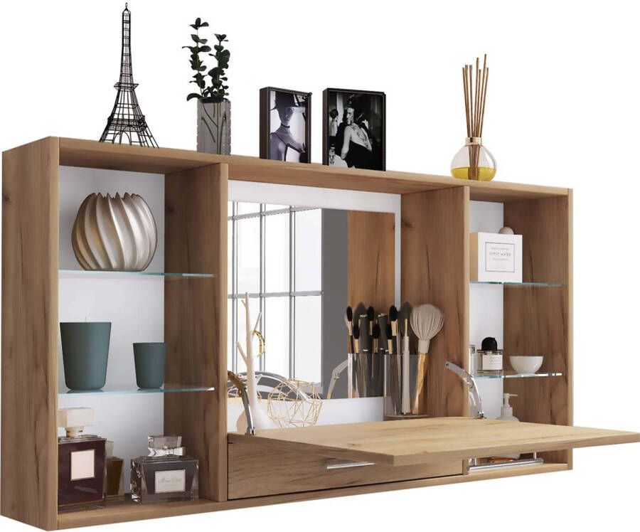 Hioshop TealaS sidetable kaptafel wandmontage 1 kleppe spiegel 6 planken eik decor.