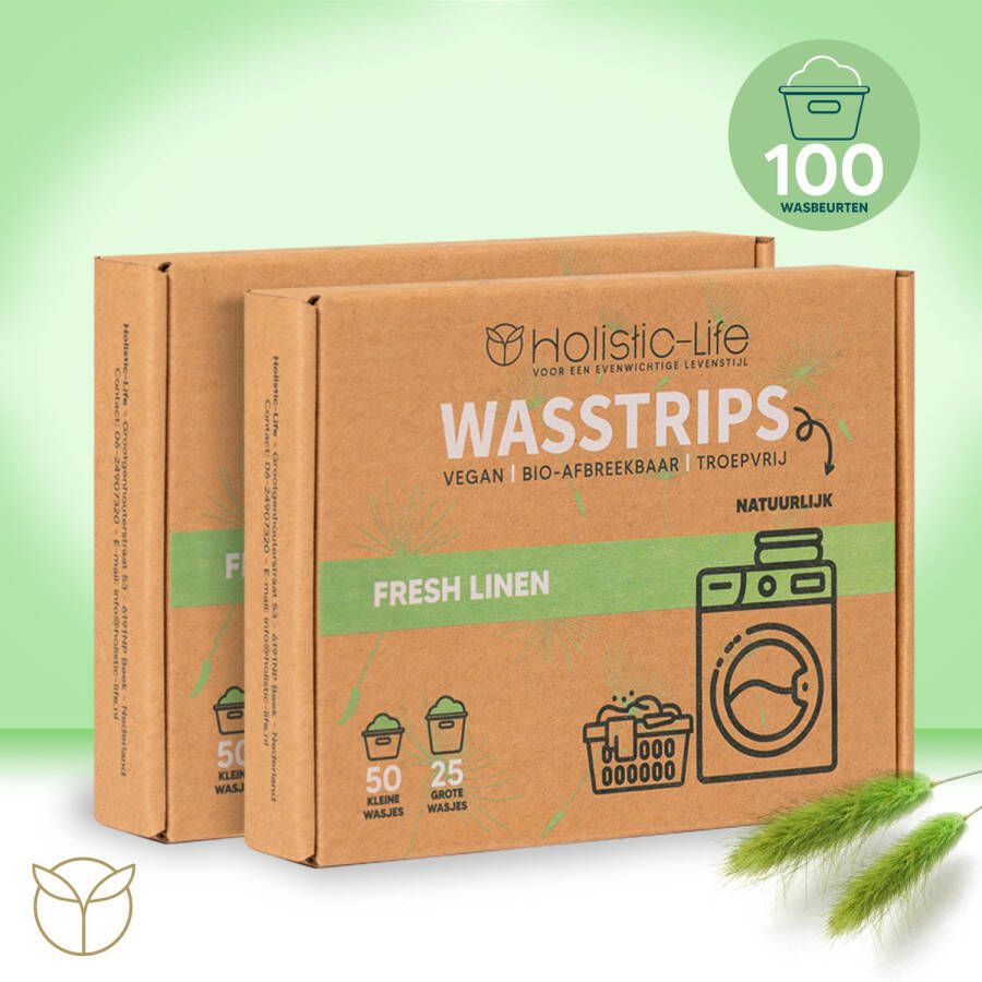 Holistic-Life Natuurlijke Wasmiddeldoekjes Fresh Linen Wasstrips 100 Wasbeurten Incl. Wasverzachter Wasmiddel Wasdoekjes Vegan