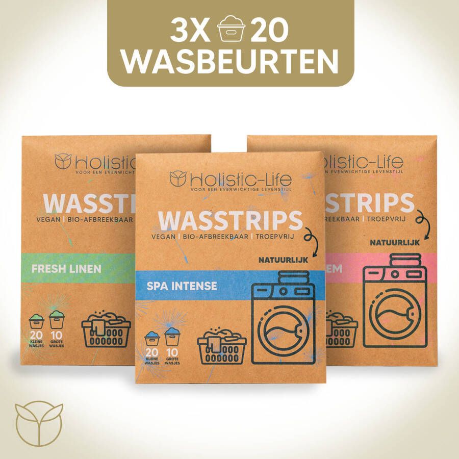 Holistic-Life Wasmiddeldoekjes Proefpakket 3x20 Wasbeurten Fresh Linen Lentebloesem Spa Intense Wasstrips Incl. Wasverzachter