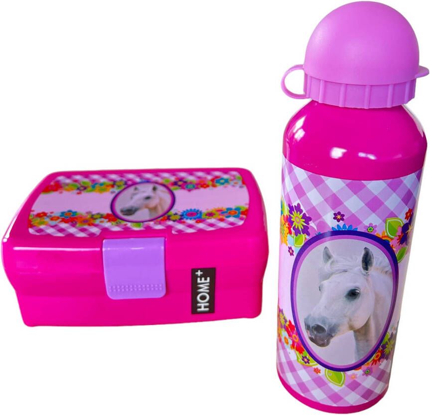 Home+ Paarden lunchbox broodtrommel met drinkfles Roze 16 x 12 x 6 cm