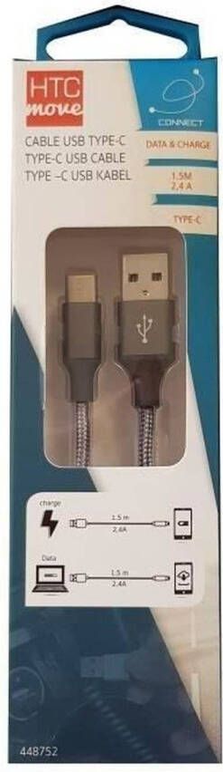 HTC M500 Oplaadkabel en gegevens met USB-adapter type C 2.4 A Aluminium connectoren versterkte gevlochten kabel 1 5 m