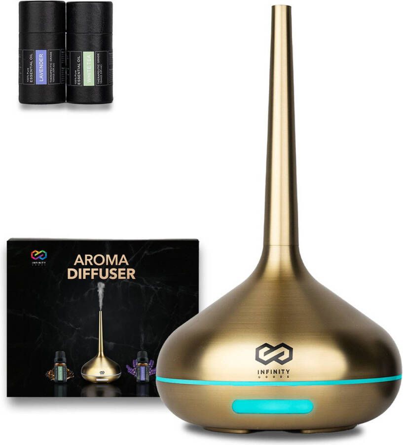 Infinity Goods Aroma Diffuser Incl. 2x 10ml Pure Etherische Olie Luchtbevochtiger Verdamper 10 LED kleuren