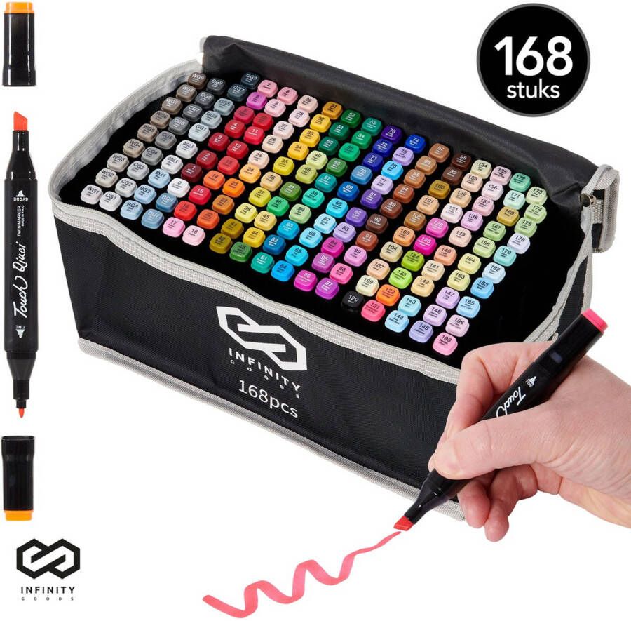 Infinity Goods Twinmarkers 168 Stuks Professionele Alcohol Markers Dubbelzijdige Tip Stiften Opbergtas Met