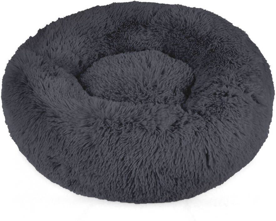 Intirilife fluffy pluche huisdierbed in donkergrijs 60 cm zacht rond antislip hondenbed kattenbed kussen