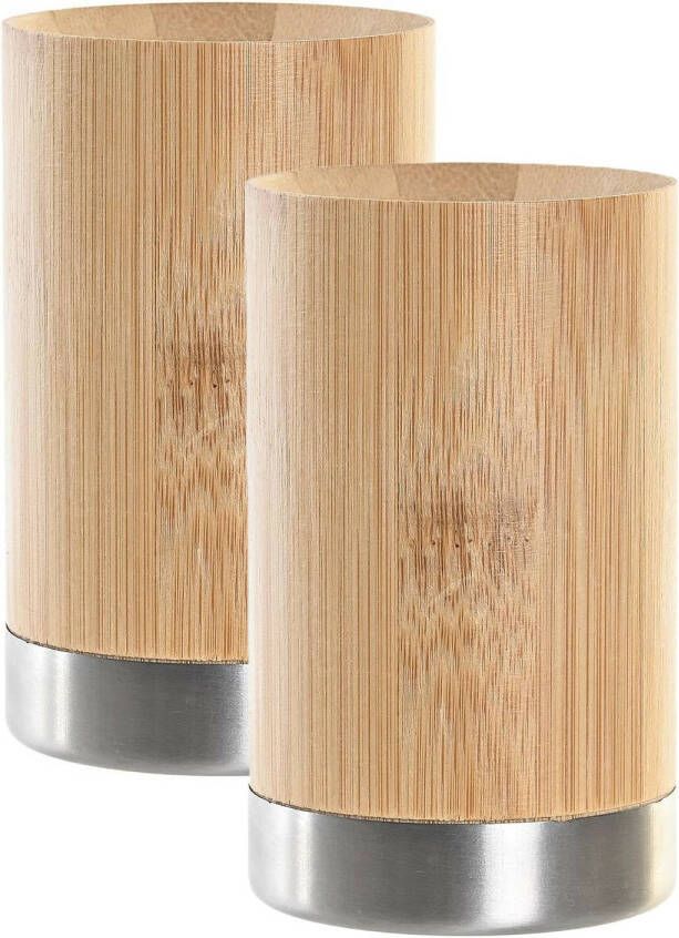 Items Badkamer tandenborstelhouder drinkbeker 2x hout zilver 7 x 11 cm Tandenborstelhouders