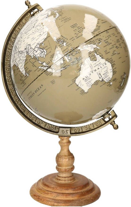 Items Deco Wereldbol globe op voet kunststof taupe home decoratie artikel D22 x H33 cm Wereldbollen