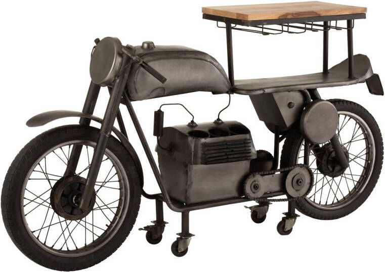 J-Line Bar Motorfiets 12glazen 6flessen Metaal mango Hout Donkergrijs naturel 200x43x100cm