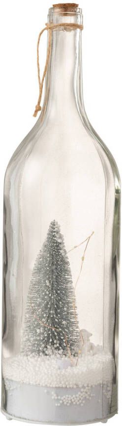 J-Line Fles Deco Kerst Sneeuw Led Glitter Zilver 12.5x12.5x44.5cm