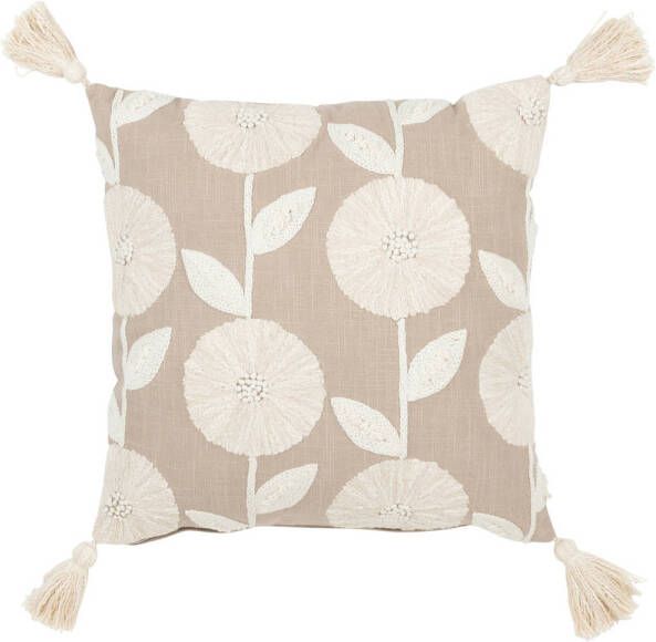 J-Line Kussen Bloemen bladeren Katoen Taupe beige 45x45x15cm