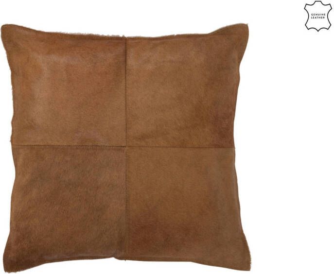 J-Line Kussen Koehaar Leder Donker camel 45x45x8cm