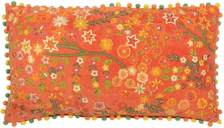 J-Line Kussen Rechthoek Bloemen+pompoms Fluweel Oranje 65x35x15cm