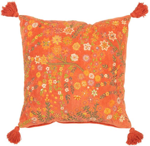 J-Line Kussen Vierkant Bloemen+kwastjes Fluweel Oranje 50x50x15cm