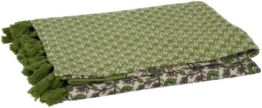 J-Line Plaid strand Mat Bloemen Katoen Groen 130x180x1cm