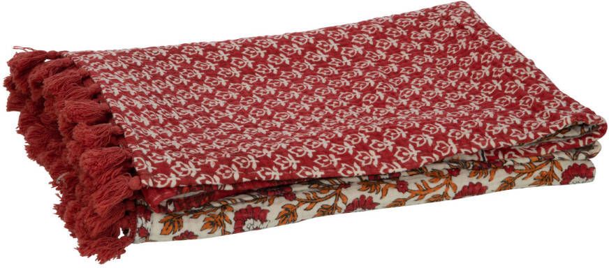 J-Line Plaid strand Mat Bloemen Katoen Rood 130x180x1cm