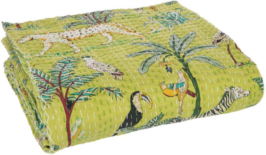 J-Line Plaid strand Mat Exotisch Dieren planten Hechtingen Katoen Groen Large 270x220x0.5cm