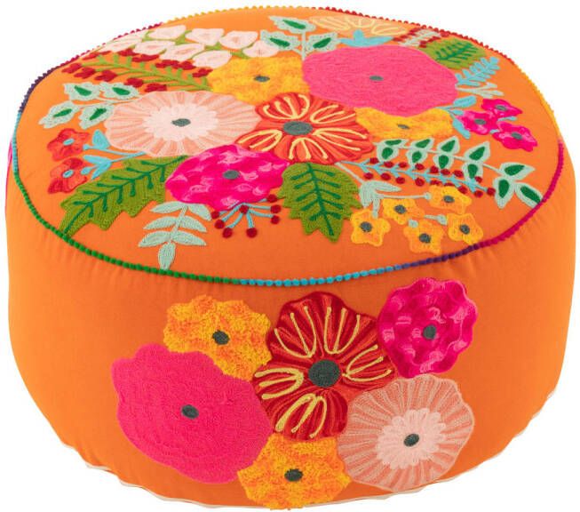 J-Line Poef Rond Bloemen Geborduurd Katoen polyester Oranje 50x50x35cm