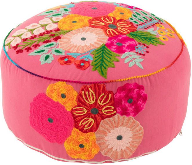 J-Line Poef Rond Bloemen Geborduurd Katoen polyester Roze 50x50x35cm