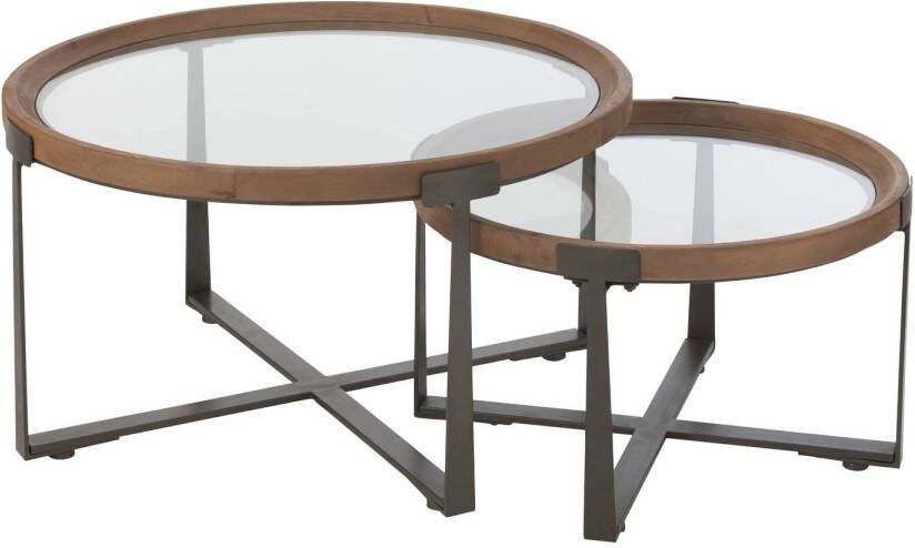 J-Line Set Van 2 Salontafel Luki Glas spar Hout Naturel zwart 80x80x43cm