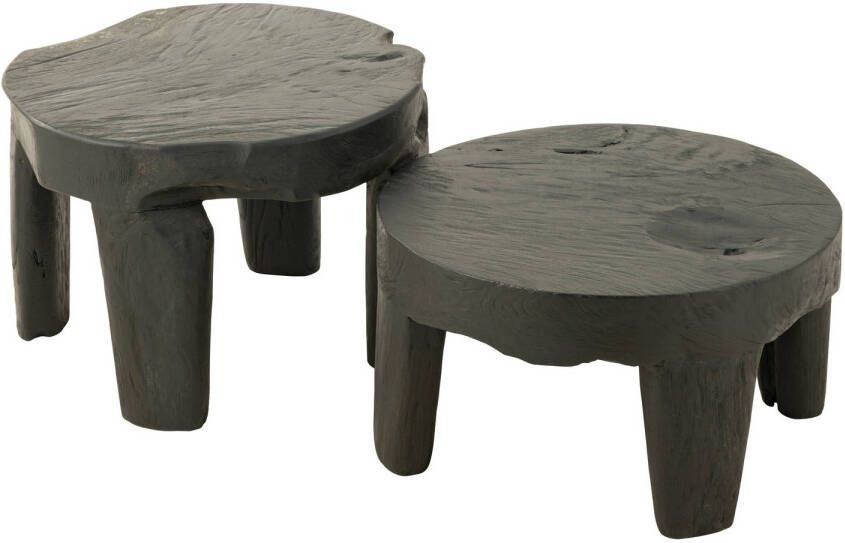 J-Line Set Van 2 Tafel Rond Teak Hout Zwart 50x50x35cm